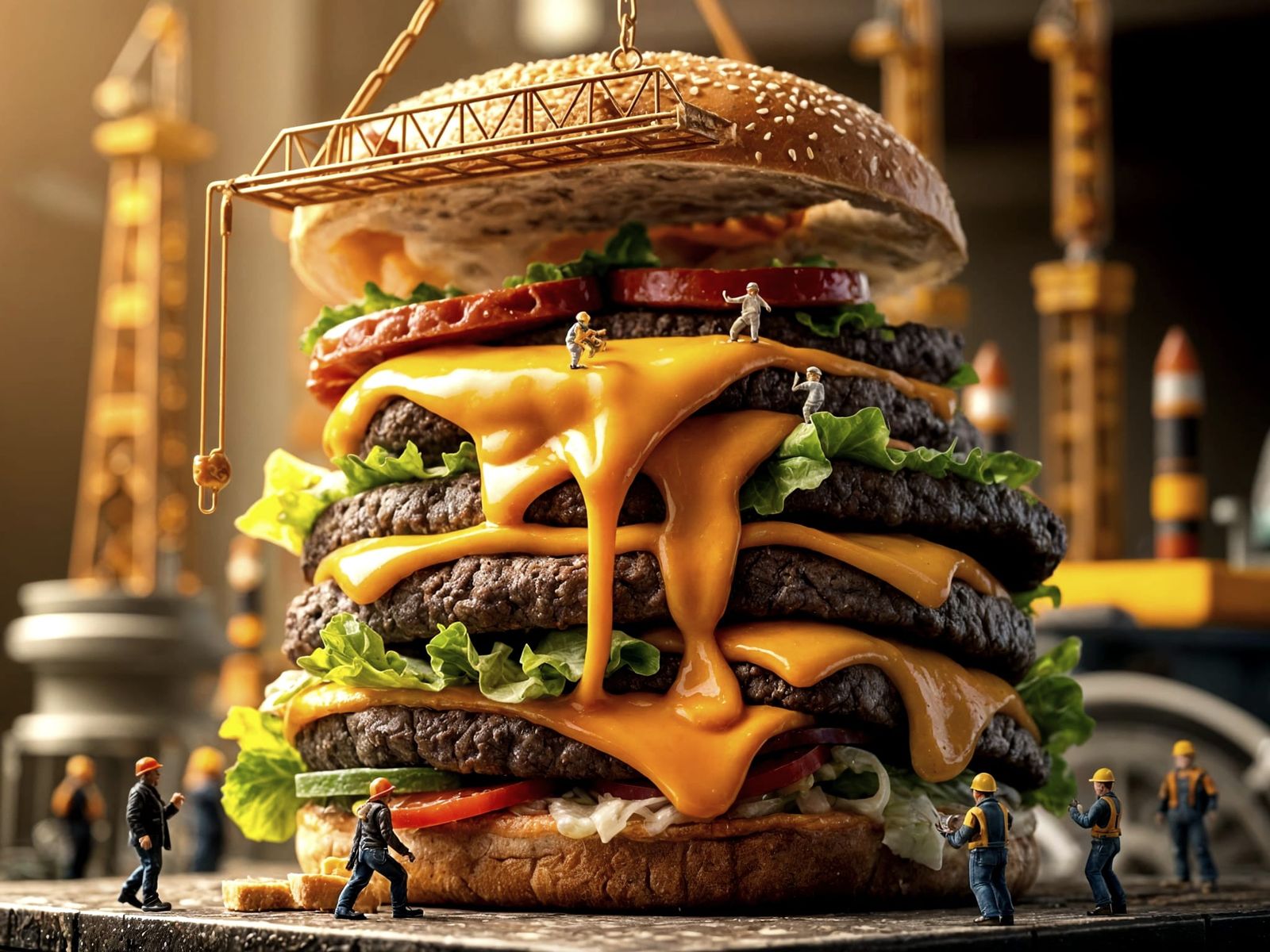 Giant Cheeseburger Construction Site in Vibrant Ultra HD