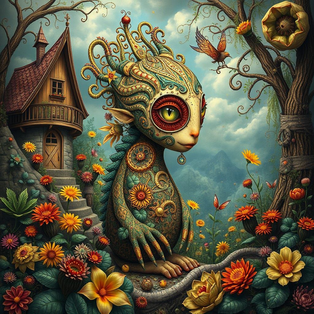 Whimsical Being in Surreal Dreamscape, Hundertwasser Style