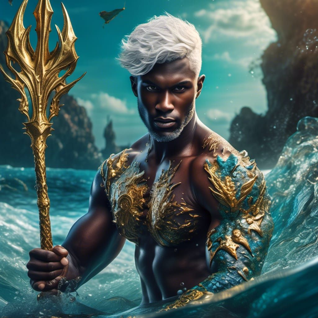Hyperrealistic Merman with Magical Trident in Deep Sea