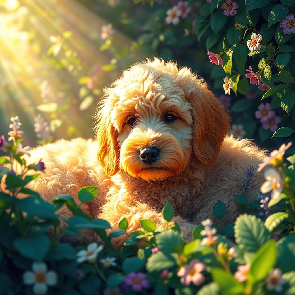 Goldendoodle in Sunbeam: A Digital Matte Painting