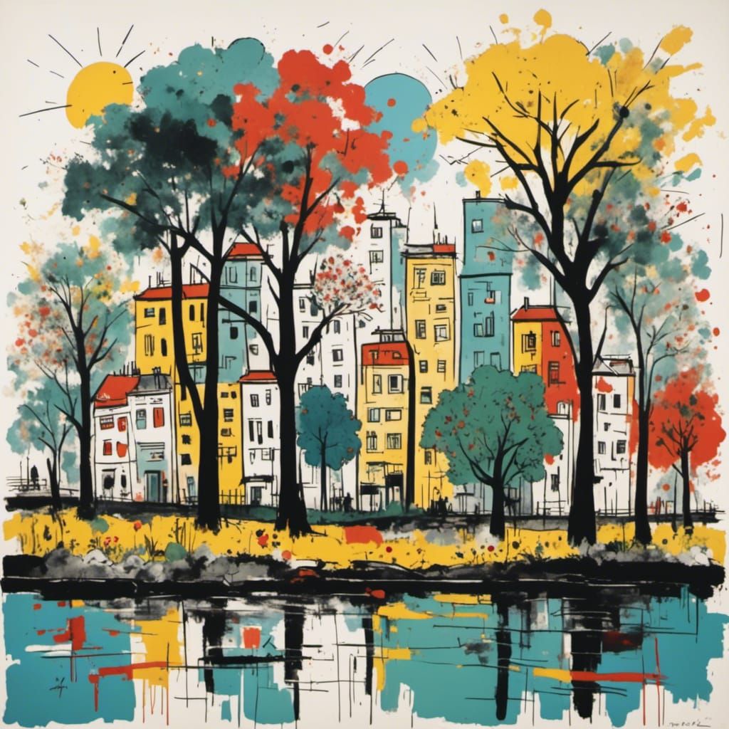 Riverside City with Trees and Flowers in Ink Style