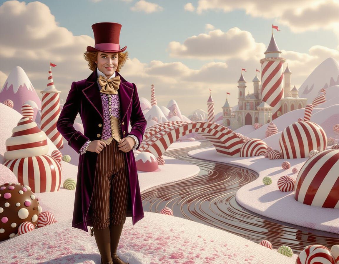 Willy Wonka Surveys a Surreal Candy Kingdom