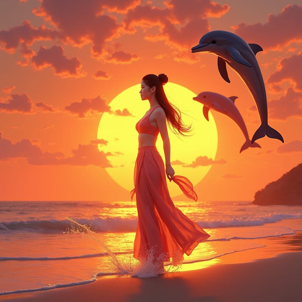 Chinese Maiden on Beach at Sunset in Dreamy Art Style
