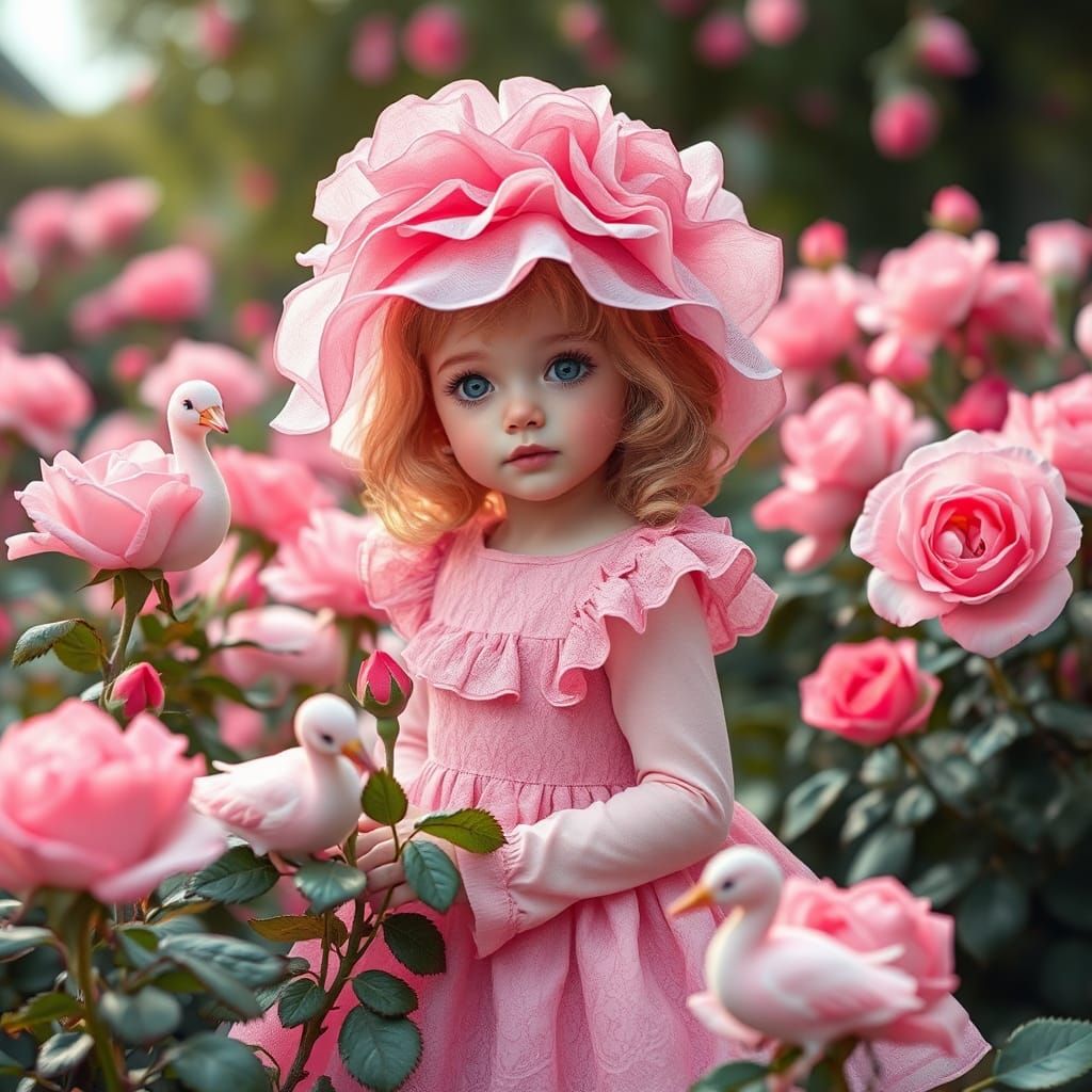 Pink Girl with Dolphins in Pink Garden