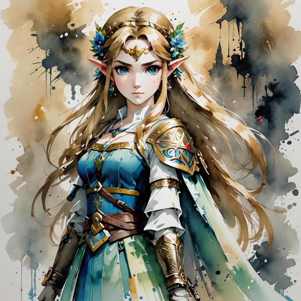 Watercolor Princess Zelda Portrait in Ink Painting Style