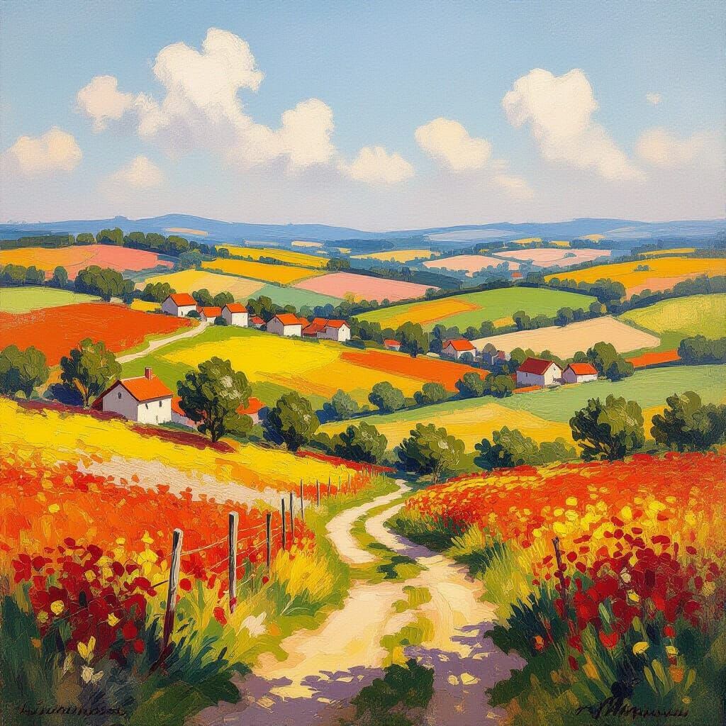 Vibrant Summer Landscape Painting with Hidden Paths
