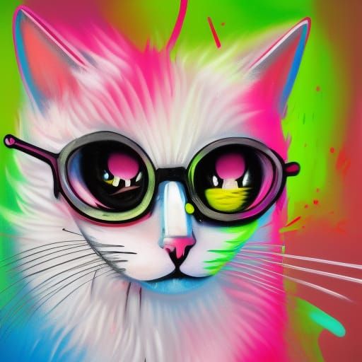 Cute White Cat with Pink Eyes in Graffiti Art