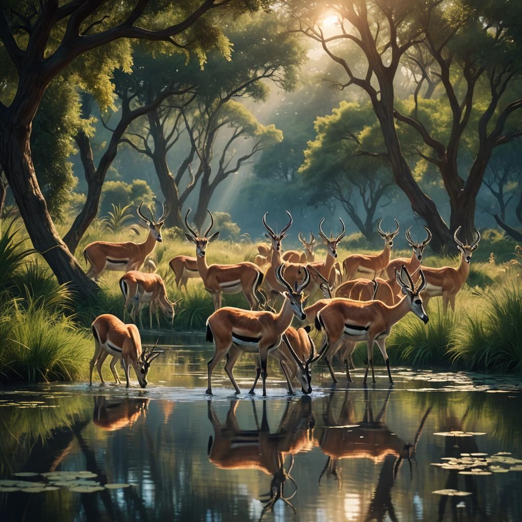 Gazelles at Pond: A Matte Painting Landscape