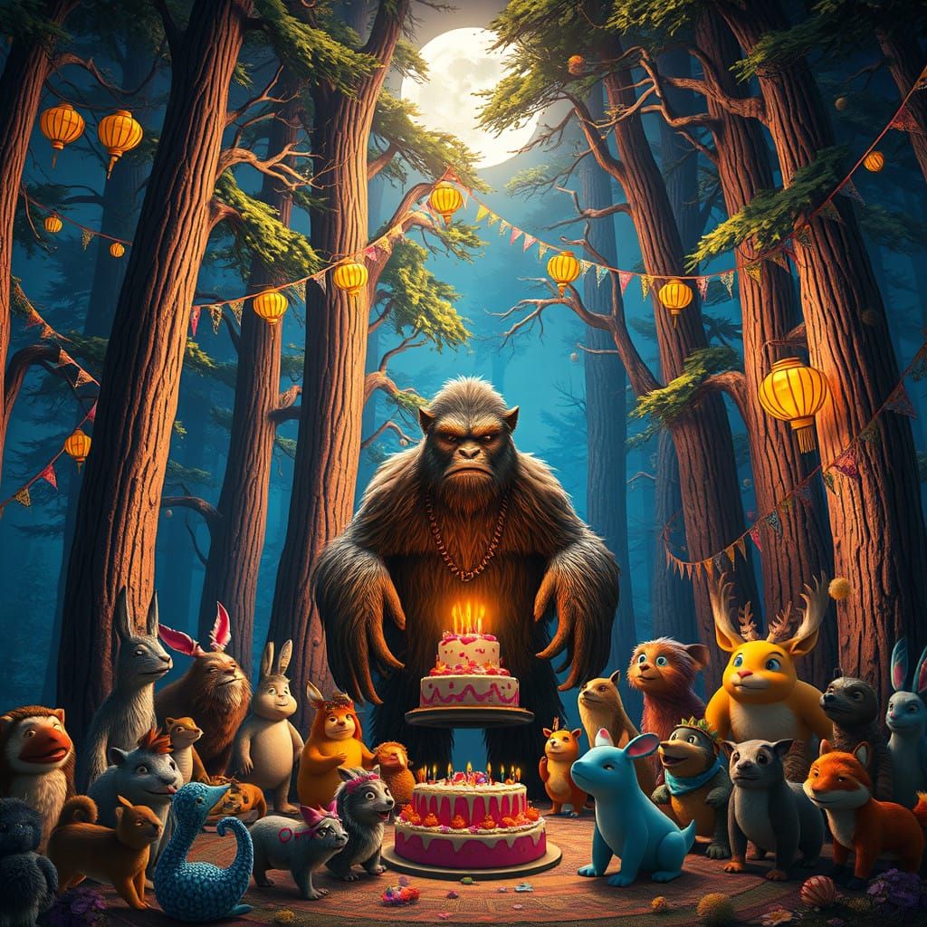 Majestic Sasquatch Celebrates Birthday in Whimsical Forest W...