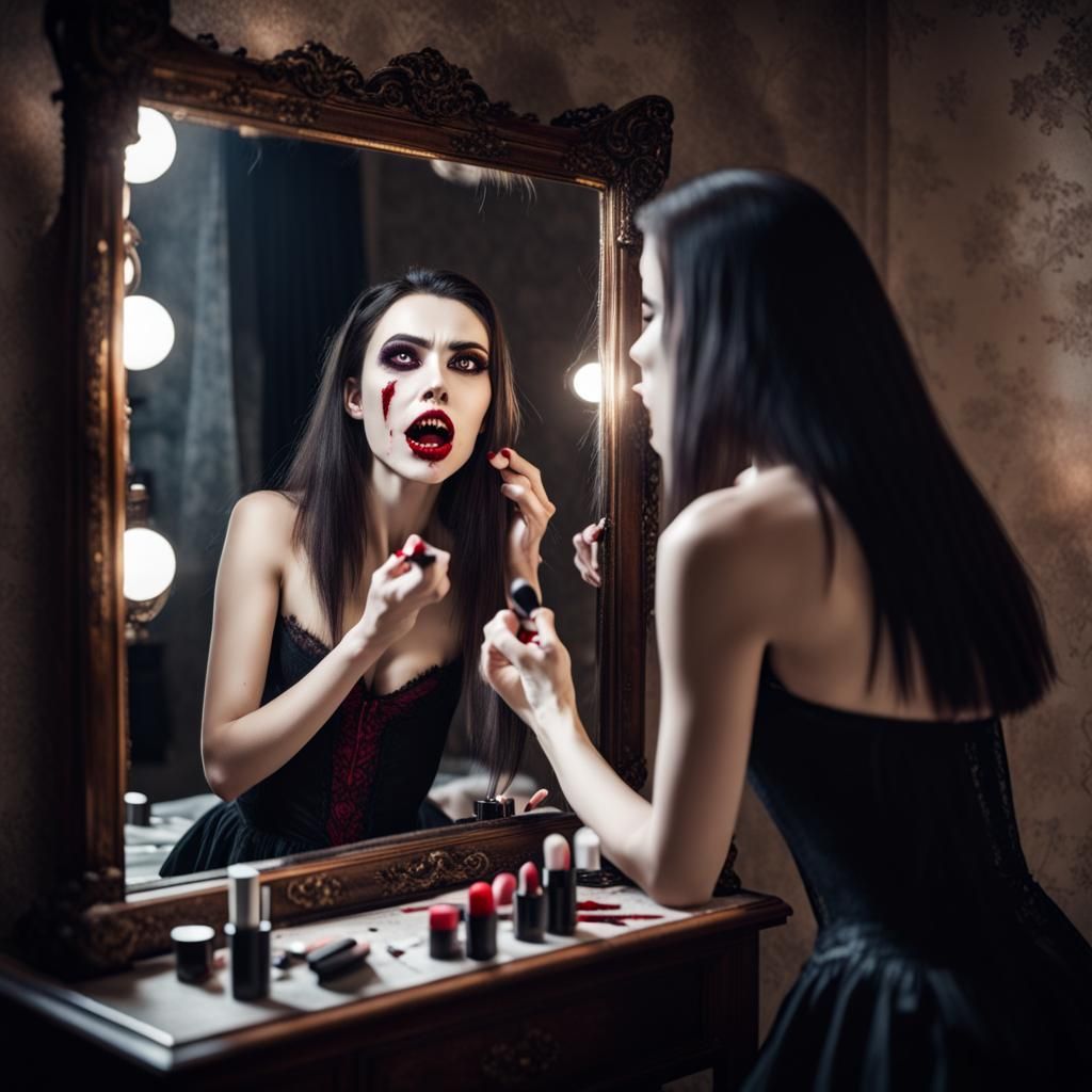 Vampire's Makeup Mishap in a Mirror
