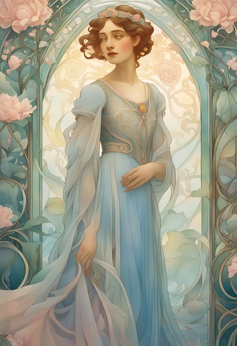 Art Nouveau Portrait of Independent Woman in Garden