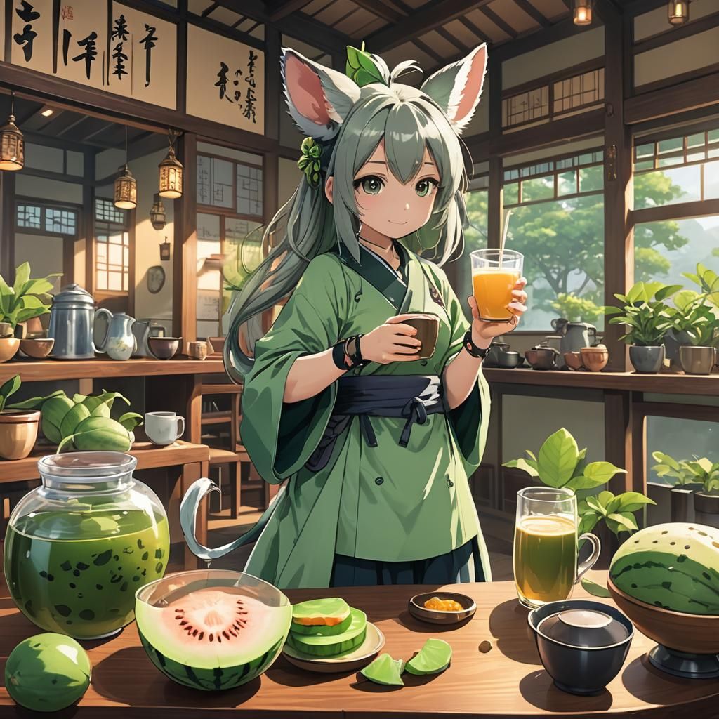 Chinchilla Girl at Japanese Tea House in Anime Style