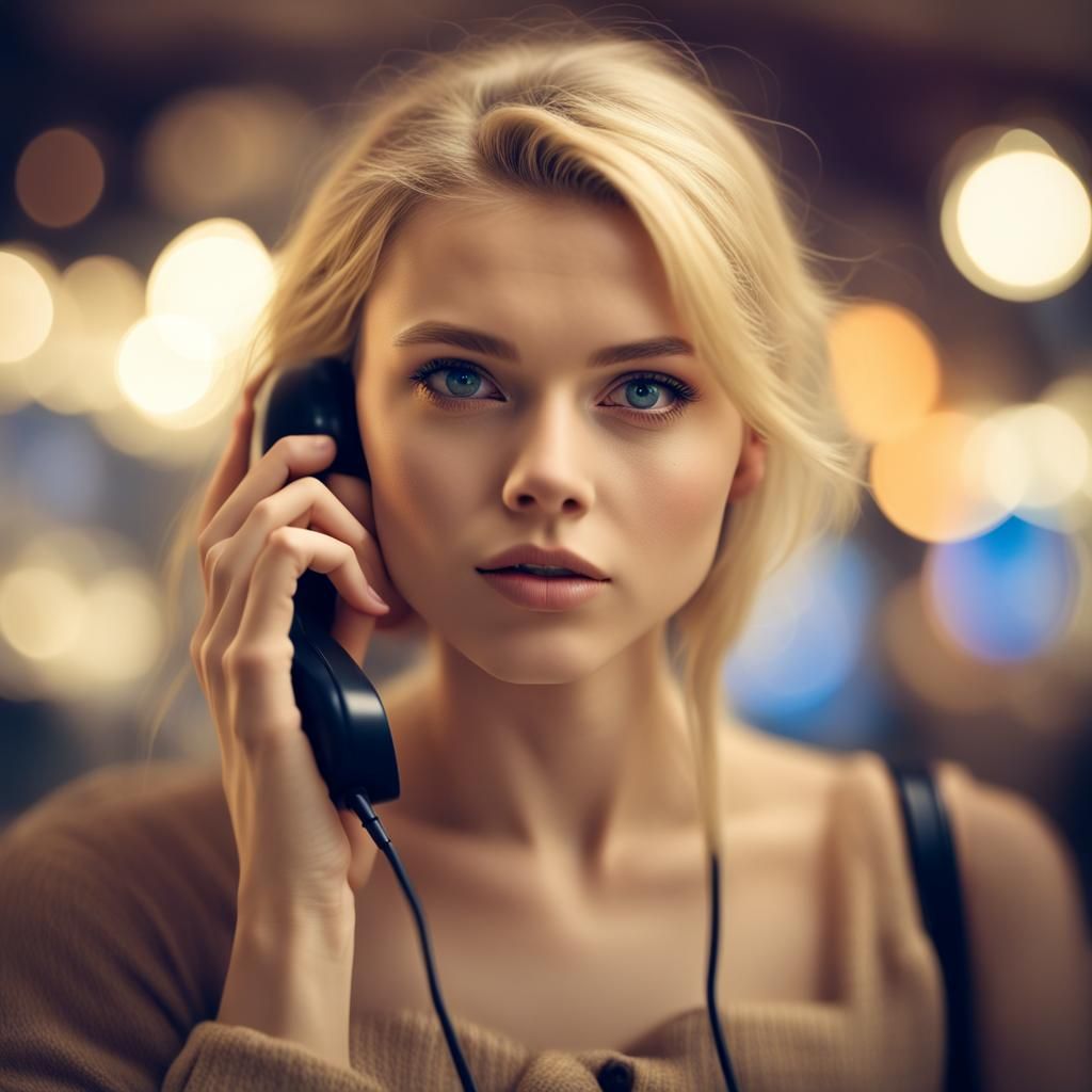 Blonde Woman Answering Phone in Hypermodern Style