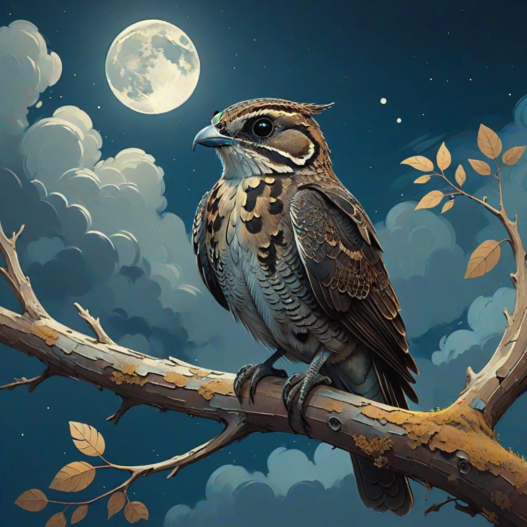 Moonlit Nightjar in Ethereal Landscape