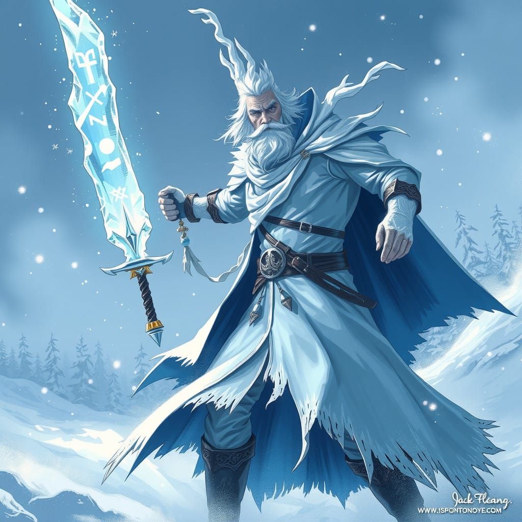 Winter Warrior Jack Frost Wields Crystal Icicle Sword in Sno...