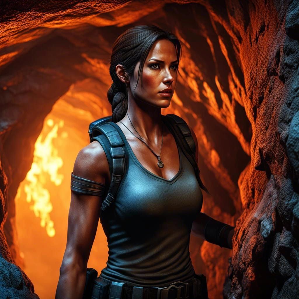 Lara Croft Exploring Cave in Hyperrealistic Detail