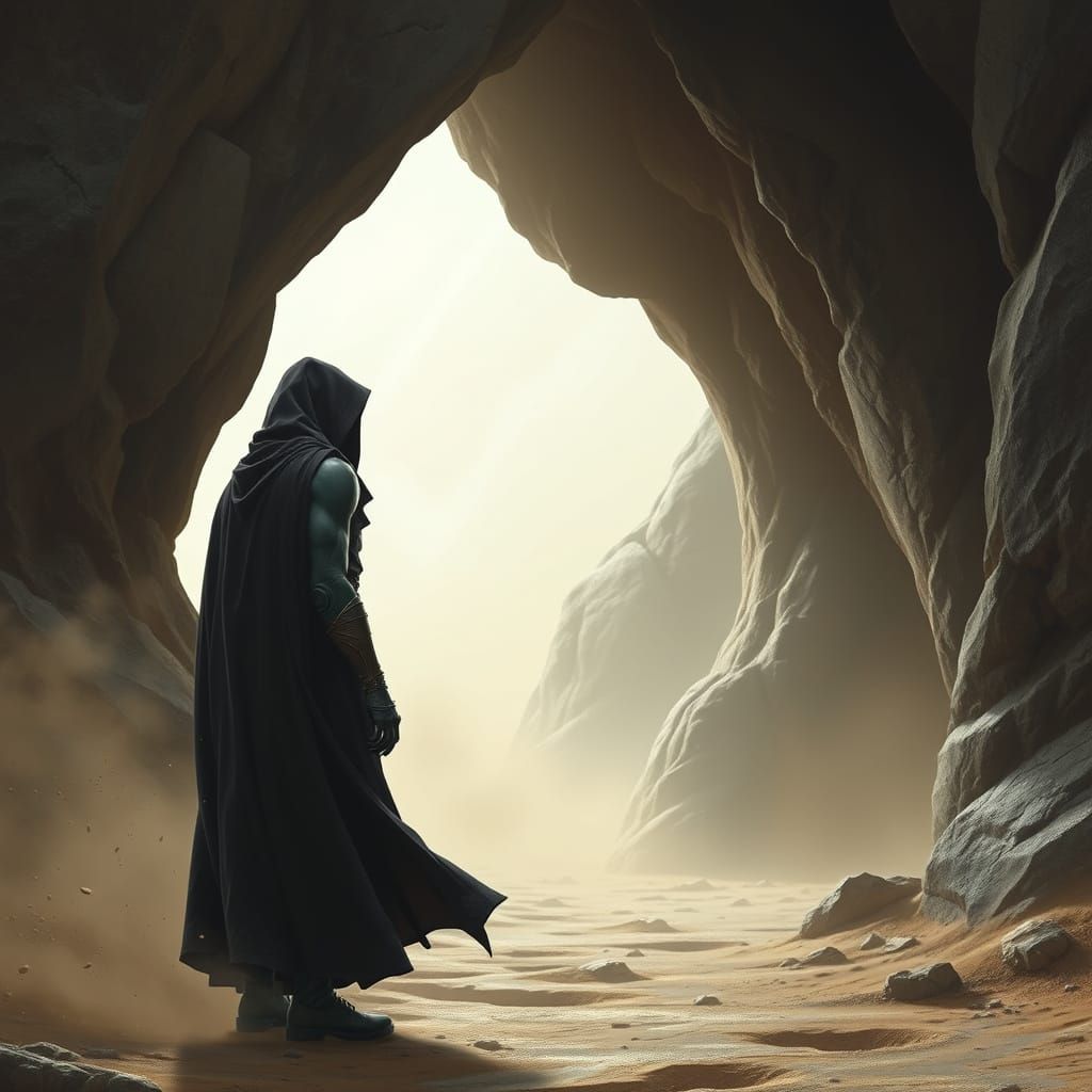 Android Awaits at Cave Entrance in Dusty Wind