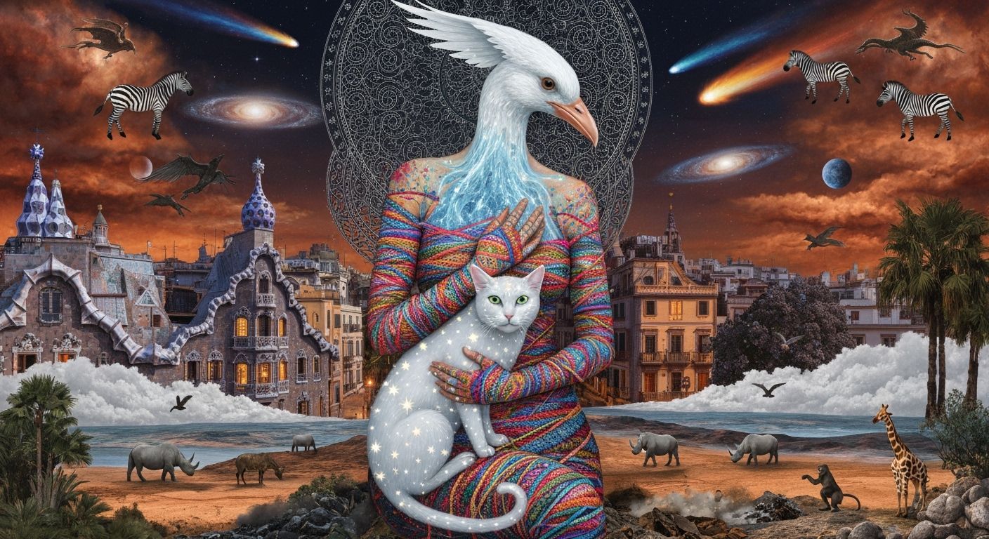 Ethereal Bird-Headed Woman in Whimsical Cityscape