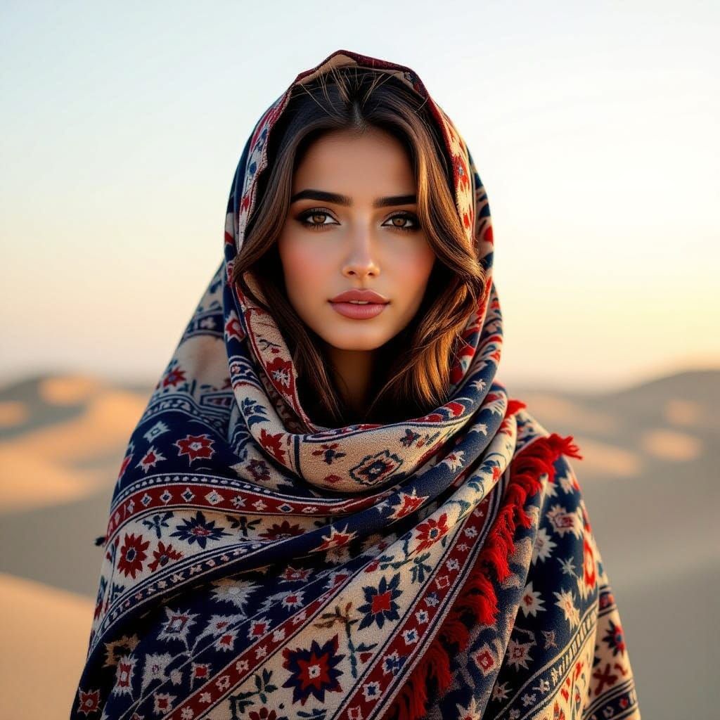Iranian Woman in Carpet Dress, Golden Hour Portrait