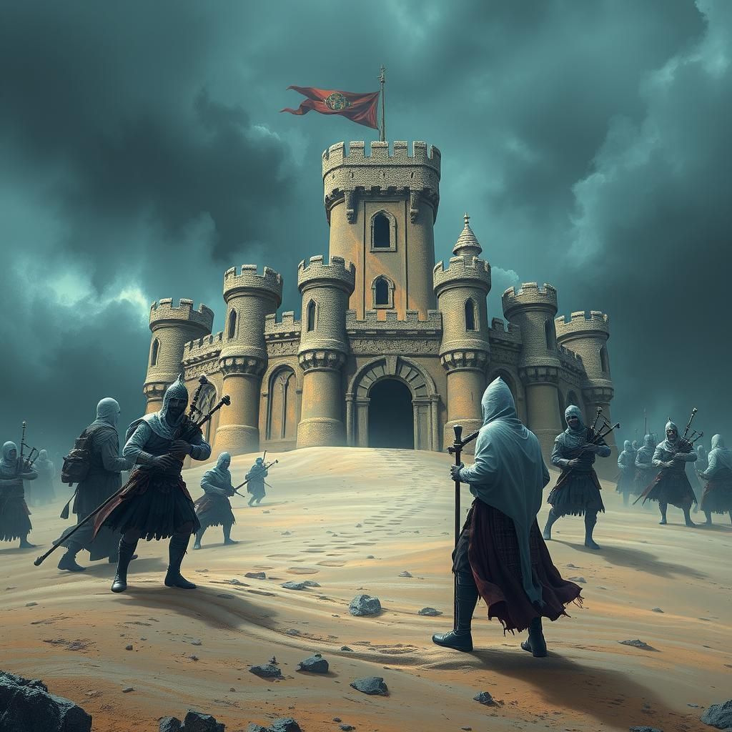 Ghostly Scottish Warriors Defend Sandcastle: Fantasy Concept...