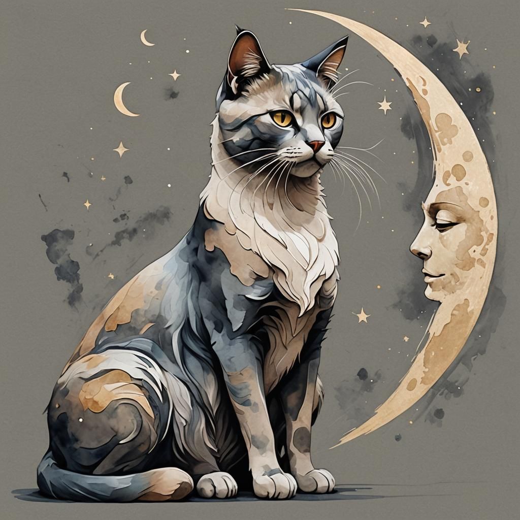 Elegant Cat Gazing at Crescent Moon in Digital Painting