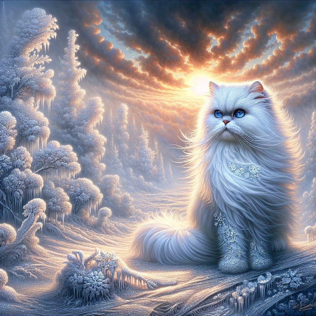 Snowy Morning Sunrise with a Majestic White Persian Cat