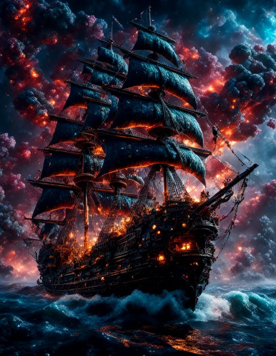 Ghost Ship in Lightning Storm as Pixel Art