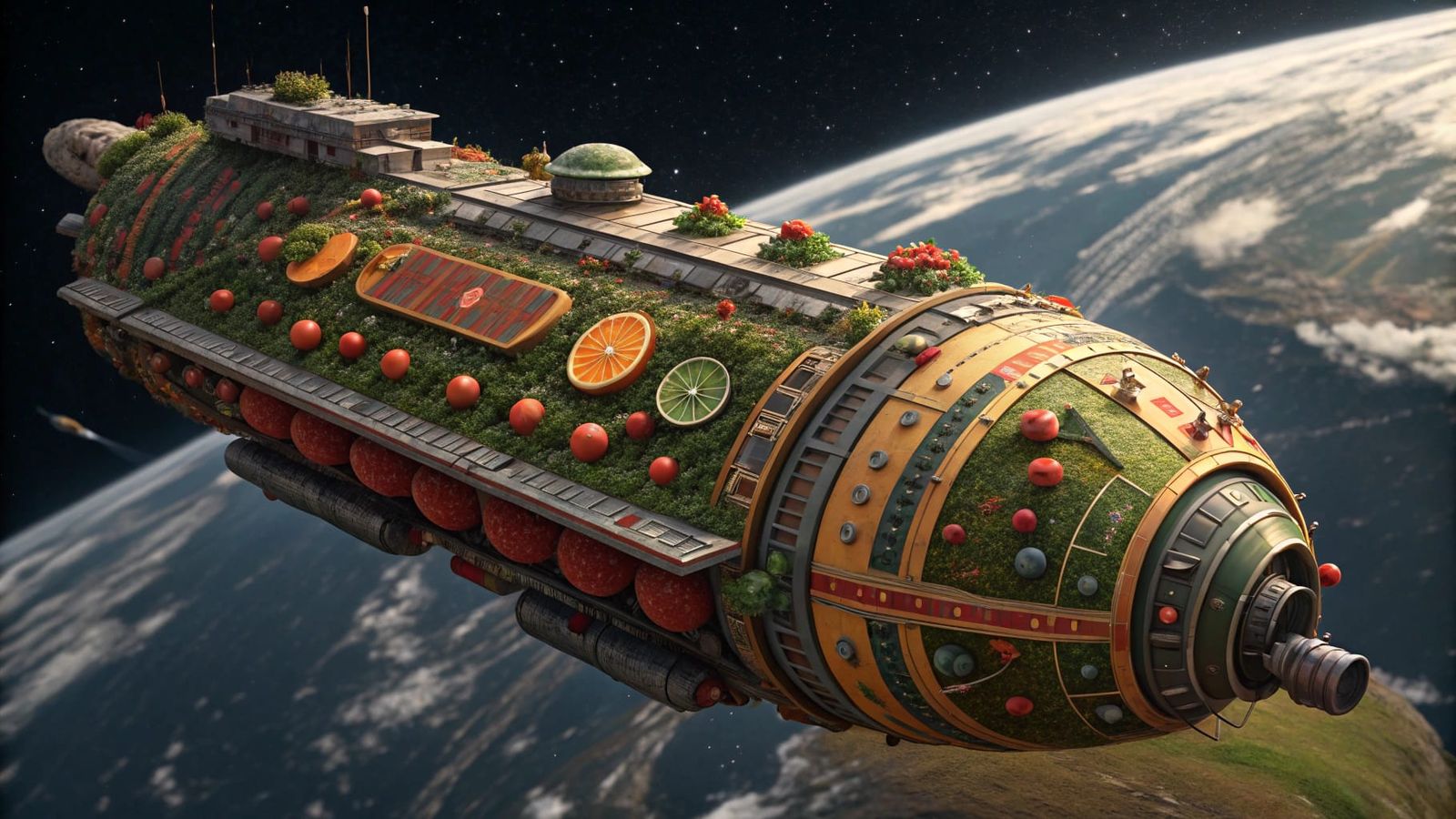 Fruit-Punk Starship Orbits Ringed Planet in UHD