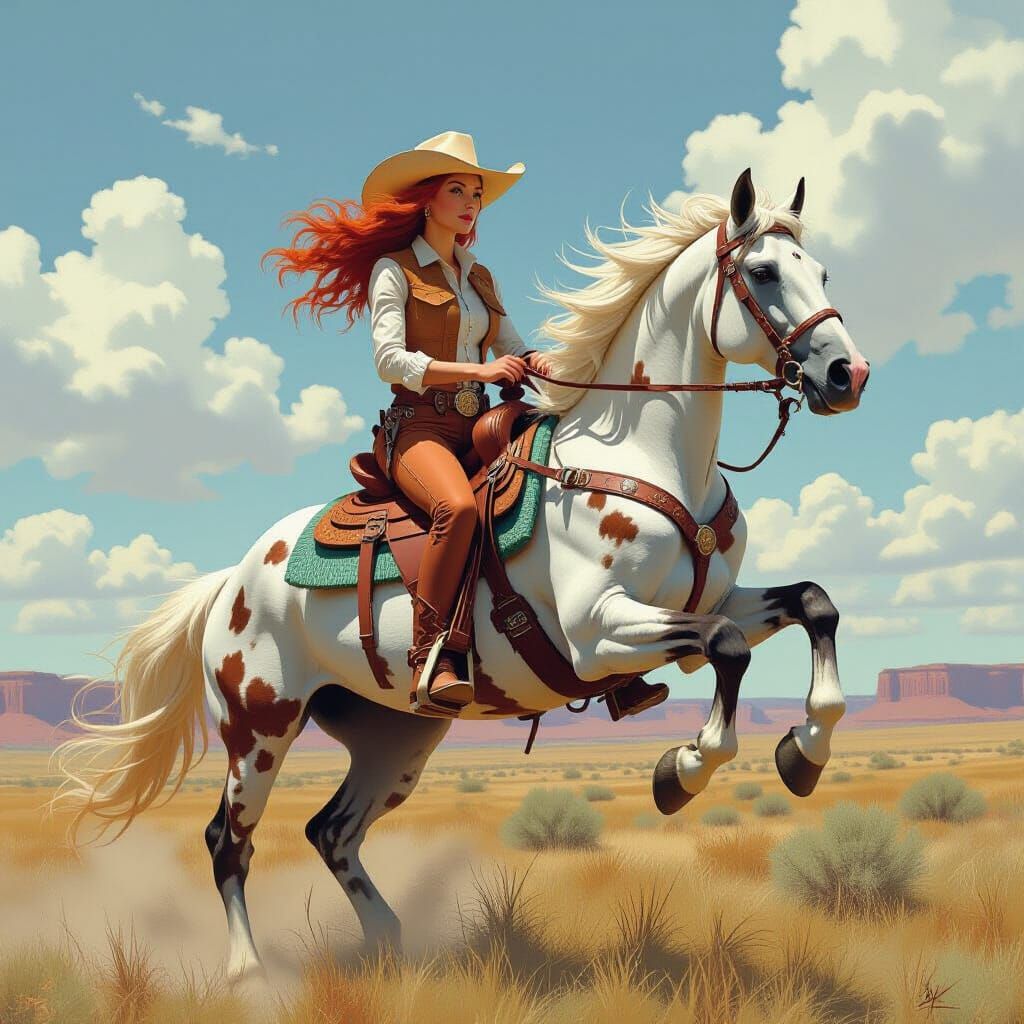 Cowgirl on Rearing Mare in Vast Western Landscape