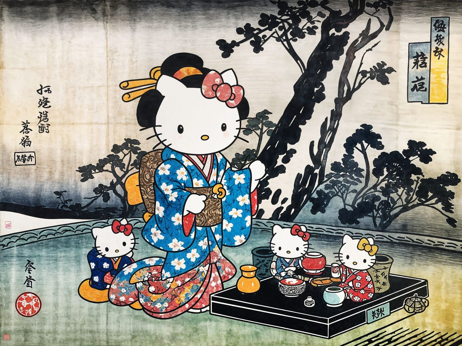 Hello Kitty Tea Ceremony in Ukiyo-e Style