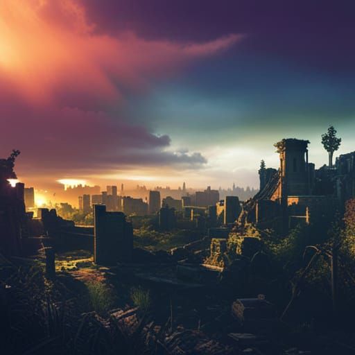 Post-Apocalyptic City Ruins at Sunset: Fantasy Concept Art