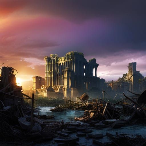 Post-Apocalyptic City Sunset: Fantasy Concept Art