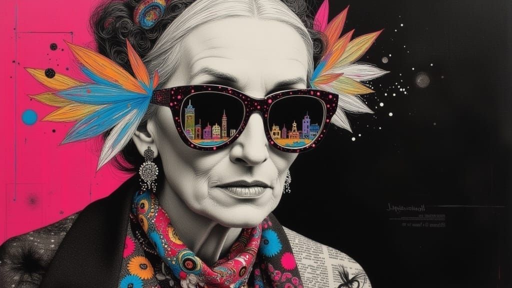 Iris Apfel's Reflections in a Magical Realism Sketch