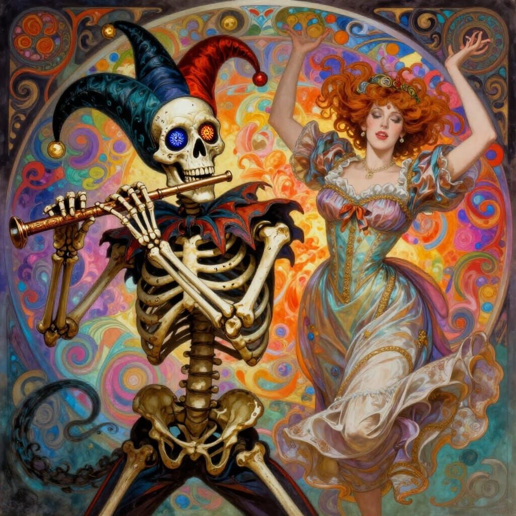 Eldritch Jester Skeleton Plays Flute for Dancing Victorian L...