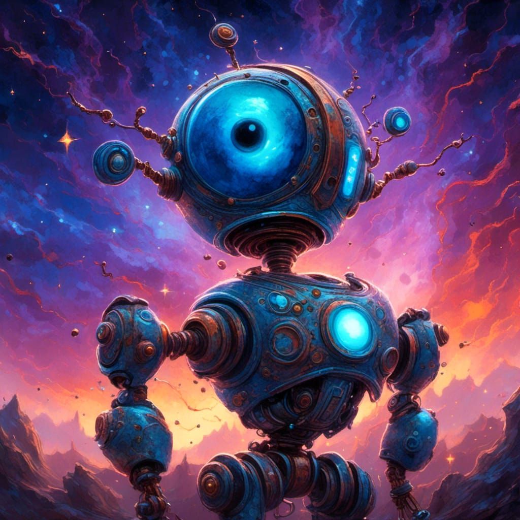 Lonely Robot Gazing at Milky Way in Metallic Style