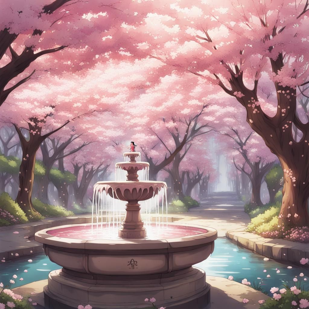 Anime Fountain Among Cherry Blossoms