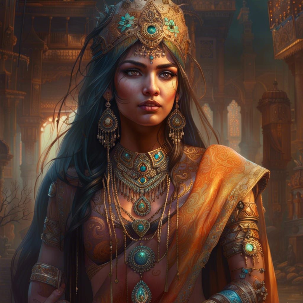 Intricate Indian Princess Beauty Goddess in Fantasy Art