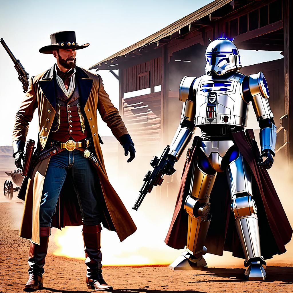 Cowboy Duel with Steampunk Droid in Wild West