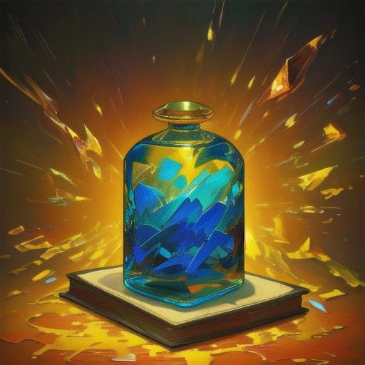 Genie Emerges from Crystal Bottle as Oil Painting