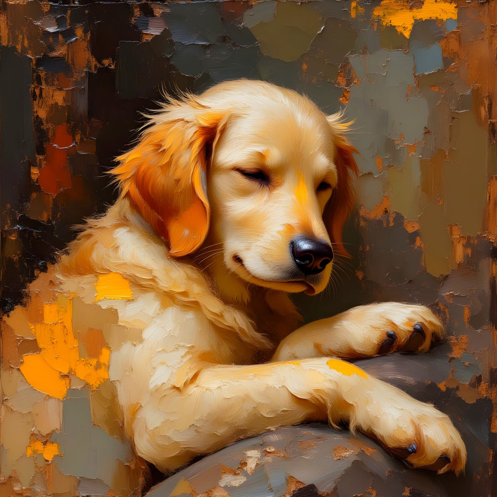 Golden Retriever Sleeping: Impasto Palette Knife Painting