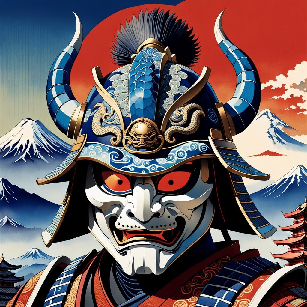 Art by Katsushika Hokusai, ukiyo-e print of a samurai helmet, ornate and symbolic, adorned with dragon motifs and crest,...