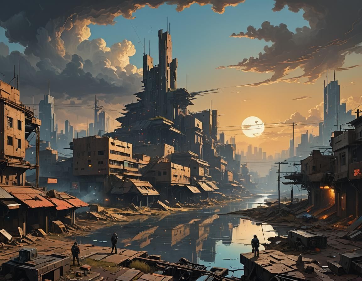 Cyberpunk Cityscape in Classical Painting Style