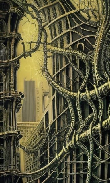 City covered in vines and moss gothic art dendritic intricate entangled dystopian noctilucent polished photorealistic st...