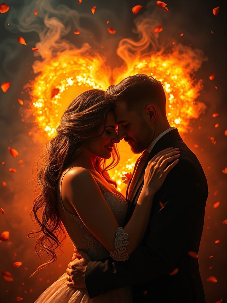 Vintage Couple Embracing in a Dreamlike Haze of Orange and B...