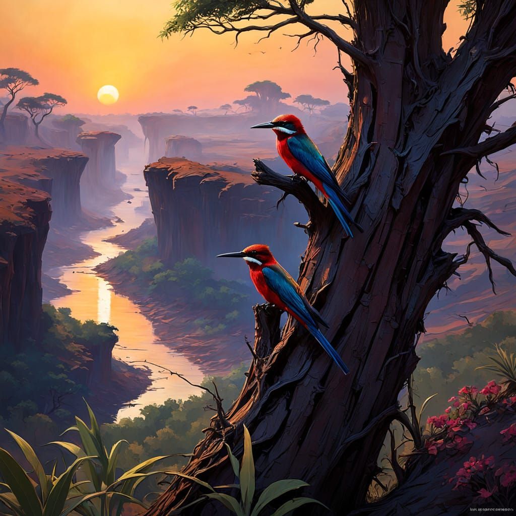 Vibrant Carmine Bee-Eaters in African Sunset Landscape