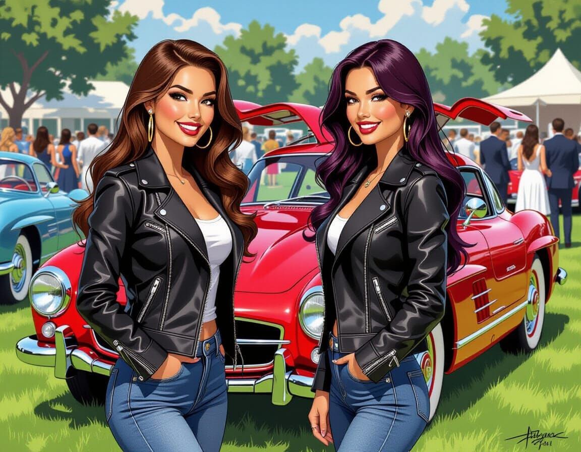 Pinup Models Admire Red 1955 Mercedes Gullwing in Comic Styl...