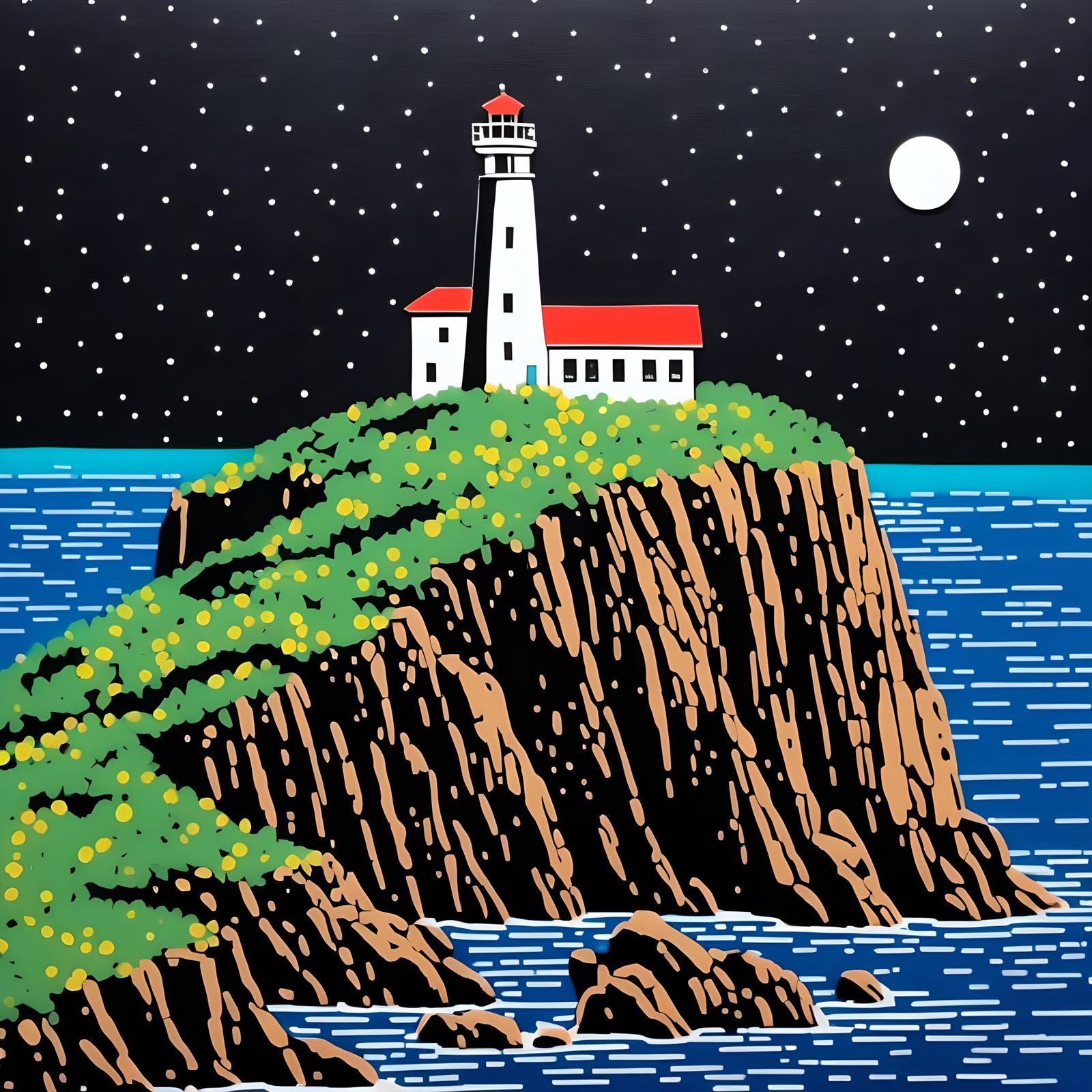 Neon Lighthouse on Cliff