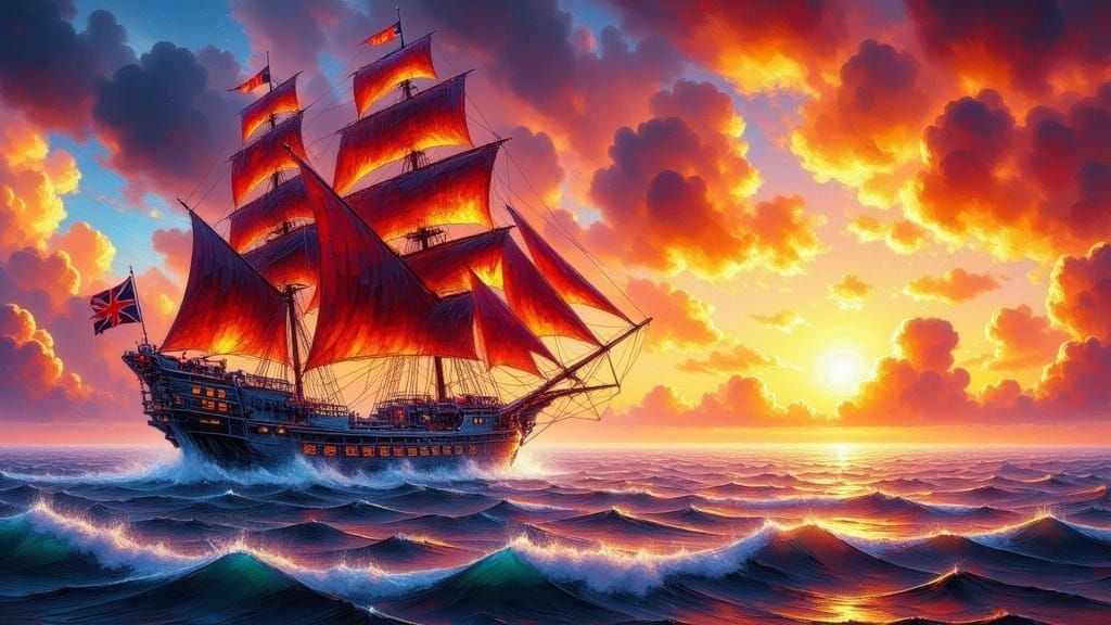 Cyberpunk Pirate Ship Sails into Sunset