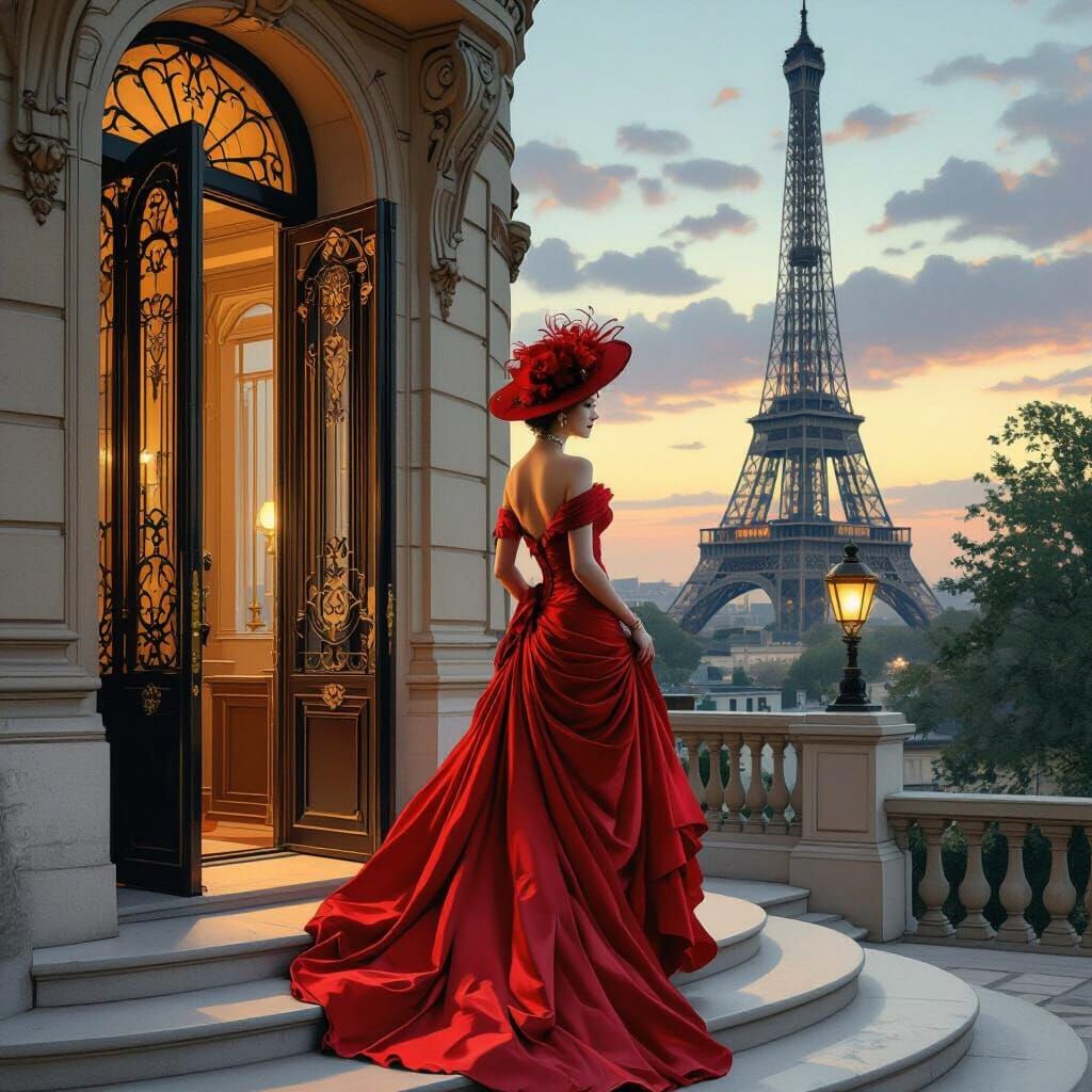 Courtesan Exiting Parisian Townhouse in Art Nouveau Style
