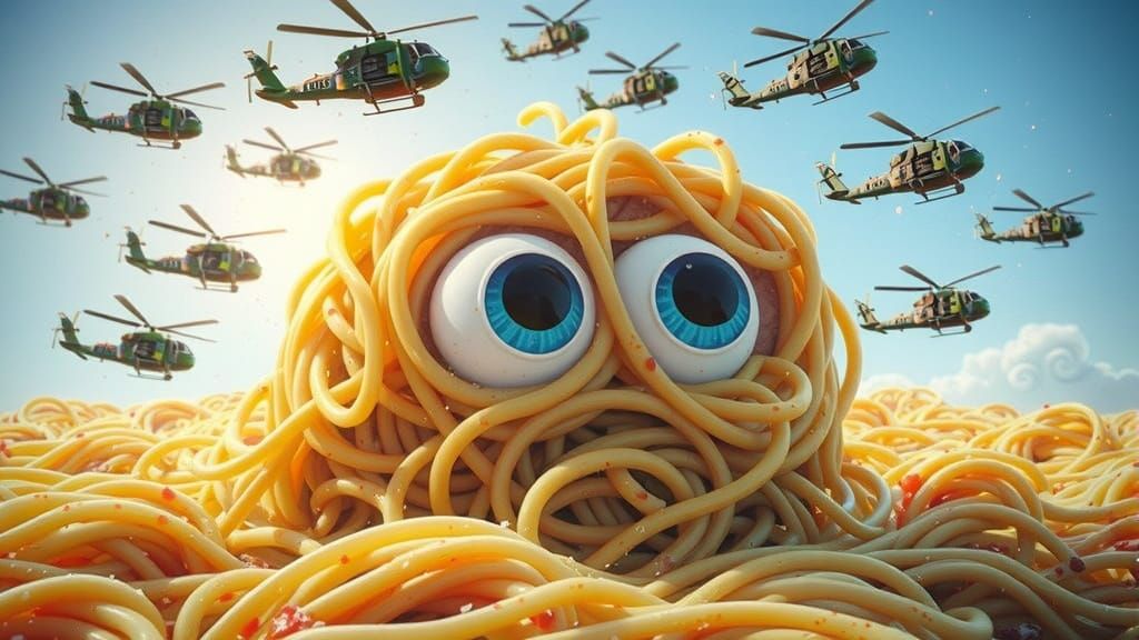 Gargantuan Meatball Scene with Miniature Helicopters in Whim...